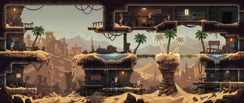 Desert Oasis Mirage - Pixel Art Platformer Background, Retro 16-Bit Metroidvania Brawl Side-Scroller Level, Horizontal Arcade Game Asset 90s Style