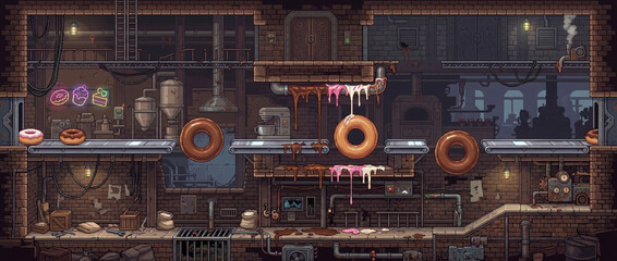 Fototapeta premium Fried Dough Circle Workshop - Pixel Art Platformer Background, Retro 16-Bit Metroidvania Brawl Side-Scroller Level, Horizontal Arcade Game Asset 90s Style