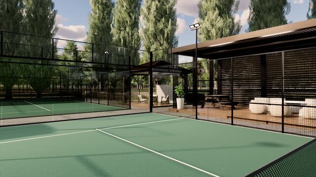 outdoor 3d animation video render, green padel court facility surrounded by trees with modern wooden pergola, gazebo pavilion lounge in diagonal slow motion