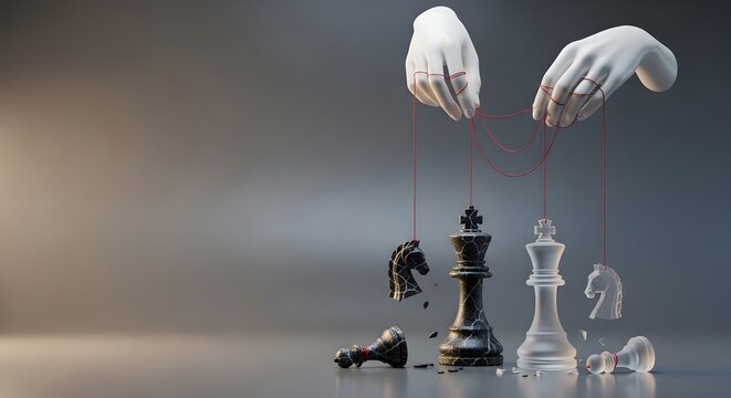 Artificial hands manipulating chess pieces with red strings as marionettes, illustrating unseen geopolitical control and strategic warfare, for conceptual articles on power dynamics.