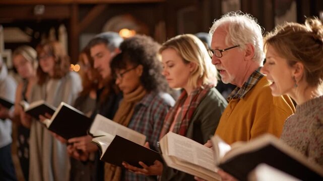 Small Church Group Singing Hymns from Songbooks