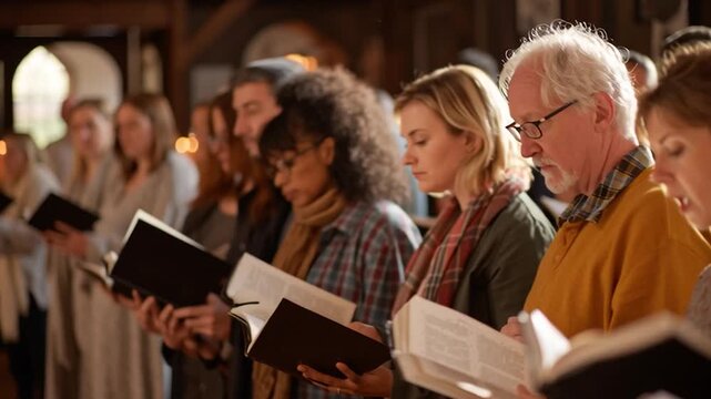 Small Church Group Singing Hymns from Songbooks