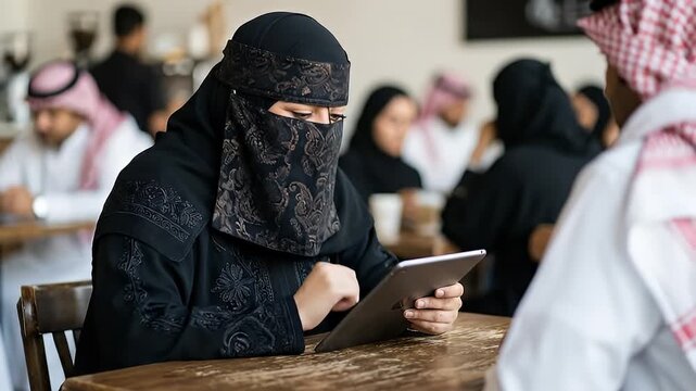 Woman in Niqab Using Digital Tablet.