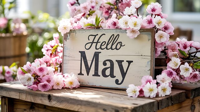 Wooden sign saying hello May with vibrant pink cherry blossoms on table in garden springtime decor beautiful floral arrangement with scattered petals outdoors