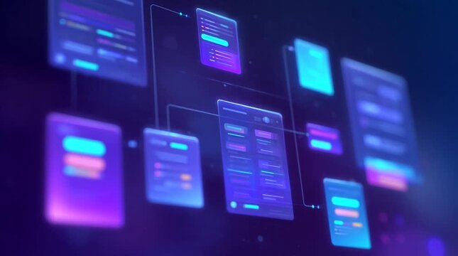 Futuristic control center interface displaying AI agents with interconnected data panels and vibrant colors, showcasing advanced technology in a digital environment