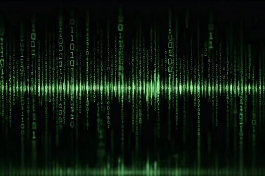 Digital streams of green binary code cascade down, resembling data flow