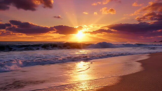 Sunset over ocean with waves crashing on the beach, casting golden light