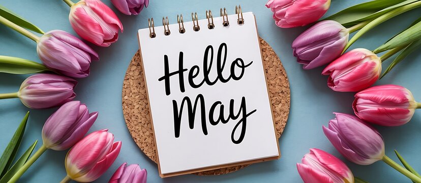 Hello may wooden sign with text surrounded by pink cherry blossom flowers and petals