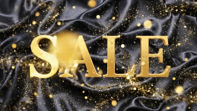 Luxurious Gold SALE Text Overlayed on Flowing Black Silk with Sparkling Glitter