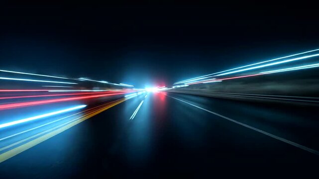 High speed motion blur on a dark road with vibrant light trails.