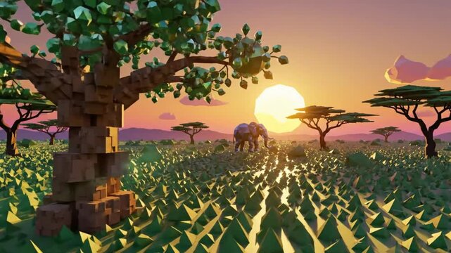 Low poly sunset African savanna landscape with elephant, stylized trees, and golden sun, vibrant digital art