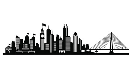 A striking black and white silhouette depicts a city skyline featuring famous landmarks and a prominent cable stayed bridge © Pvect02
