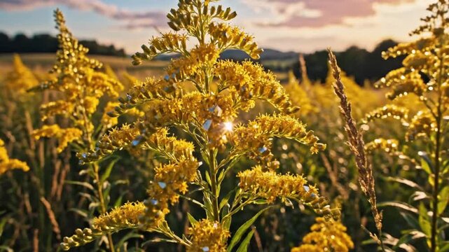 Golden sunset illuminating a vibrant field of goldenrod wildflowers blooming with the gentle breeze