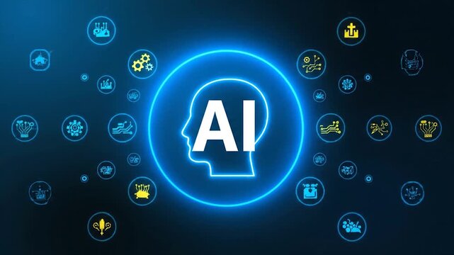 Futuristic AI technology glowing blue digital brain hologram in cyber space network