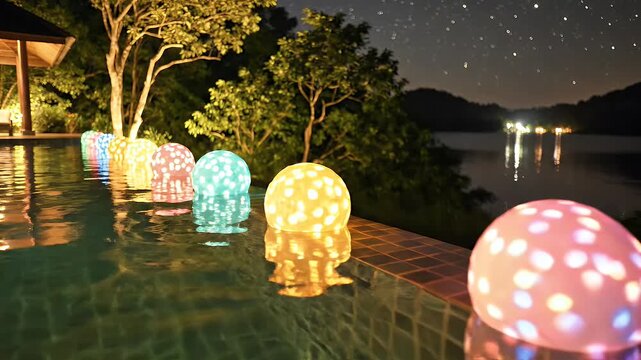 Glowing orbs float in an infinity pool at night, reflecting on water under starlit sky
