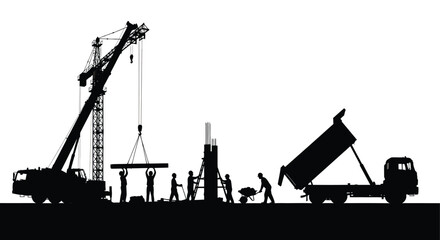A stark silhouette depicts a busy construction site with a crane workers and a dumping truck all against a bright background © Pvect02