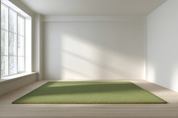 Fototapeta premium Empty Room with Green Carpet and Sunlight from Window.
