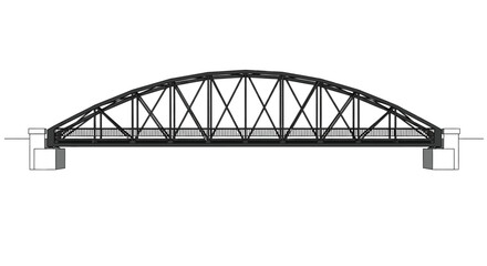 A detailed line drawing depicts a black steel arch bridge with supporting pillars showcasing its structural engineering design