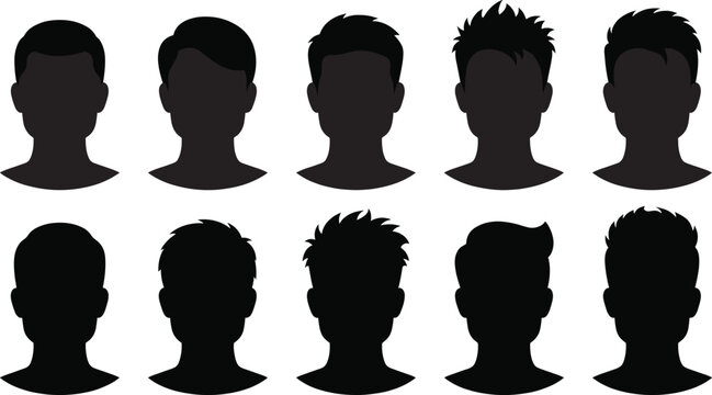 Set of ten diverse male avatar silhouettes featuring various modern hairstyles and undercut hair trends for graphic design icons