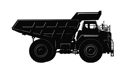A stark silhouette depicts a large heavy duty mining dump truck showcasing its robust frame and massive hauling capabilities © Pvect02