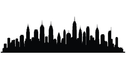 A striking black silhouette depicts a dense urban skyline featuring numerous skyscrapers and buildings against a clean white backdrop © Pvect02