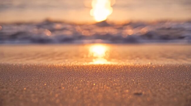 Soft focus close-up of gentle waves and sand reflecting golden sunlight