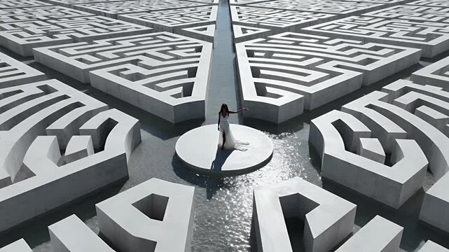 A solitary figure in a white dress navigates a vast, complex concrete maze filled with water