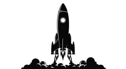 A striking black silhouette of a rocket ascending with intense flames and smoke trailing behind it symbolizing space exploration © Pvect02