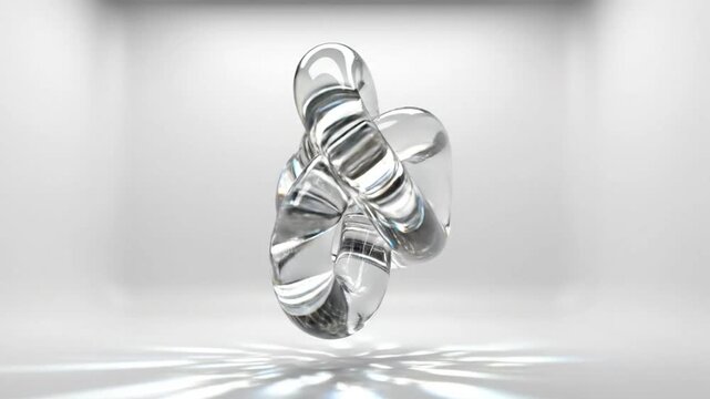 Abstract translucent glass torus knot shape floating in a bright white environment with reflections