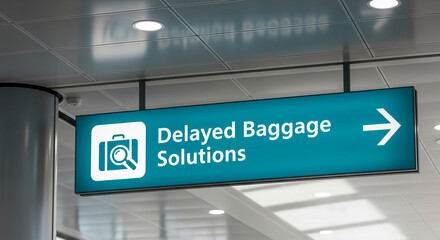 Wide shot of a rectangular teal sign hanging from a ceiling. It displays the white text "Delayed Baggage Solutions", a suitcase and an arrow, representative of travel
