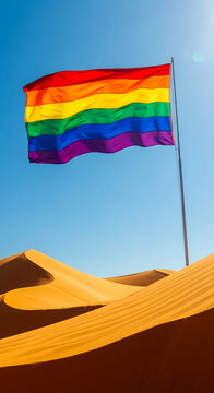 Image of a bright rainbow flag against a clear blue sky and sand dunes, representing pride, diversity, and visibility in an outdoor environment