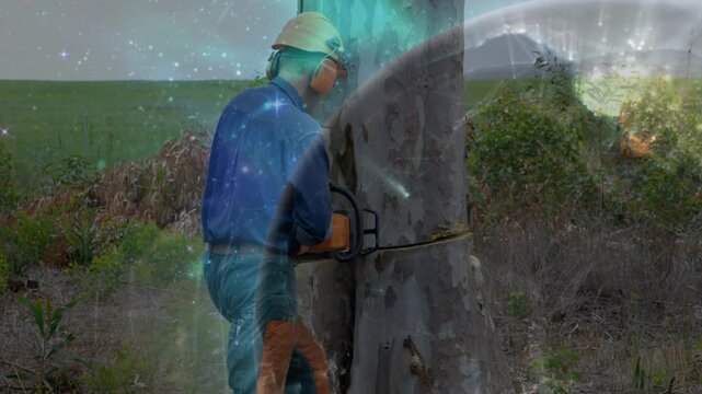 Male worker placing chainsaw on bark, cutting trunk for forestry while cosmic overlay drifting