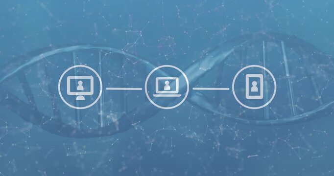Three device icons linking after laptop appearing, lines forming visualizing genetics data exchange
