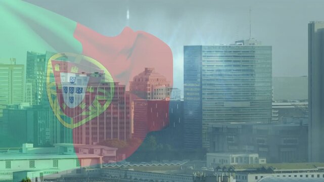 Portugal flag overlay appearing left, waving over city, revealing and concealing tower for business