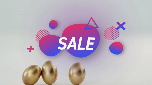 Gradient blobs animating SALE letters, causing three gold eggs rolling and settling, promoting sale
