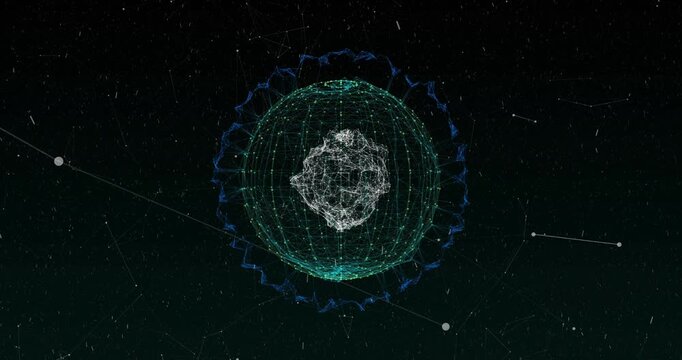 On start central network morphing while green grid rotating and nodes orbiting, showing tech data