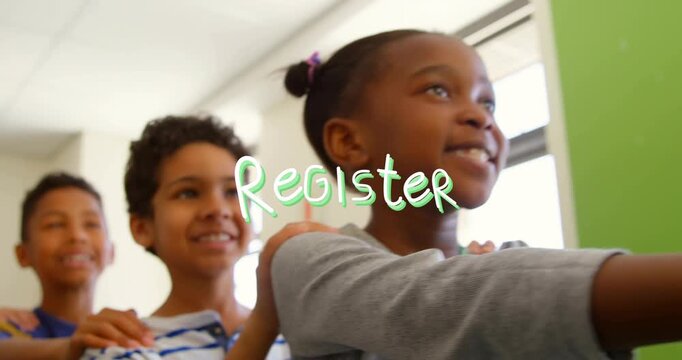 Kids following cue, forming conga chain linking hands for class, camera panning, Register centering