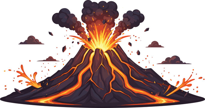 Exploding volcano with flowing lava and smoke dramatic eruption vector illustration