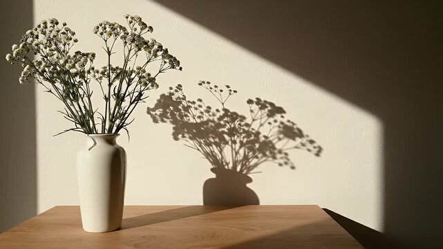 Delicate white flowers in a cream vase cast a soft shadow on a textured wall