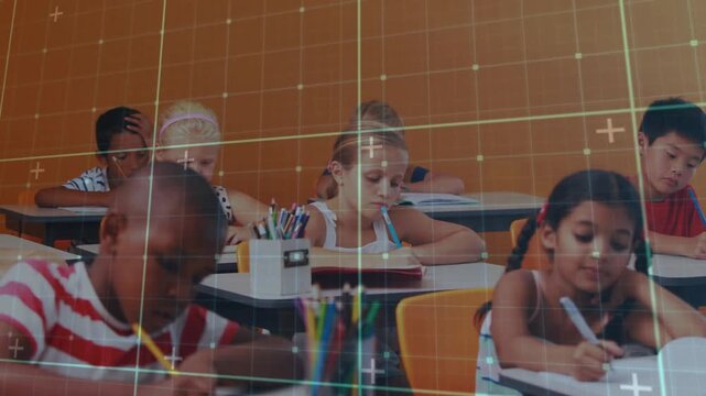 Students writing, camera shifting focusing boy, grid overlay tracing notebook, finishing schoolwork