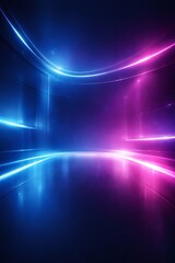 Fototapeta premium Abstract digital background providing a dynamic space filled with glowing blue and magenta light trails, reflecting on a dark, sleek ground, creating a futuristic visual concept