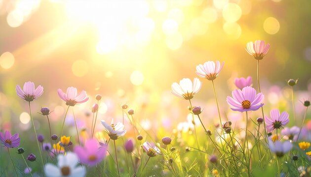 Beautiful springtime meadow flowers on blurred pastel background. 