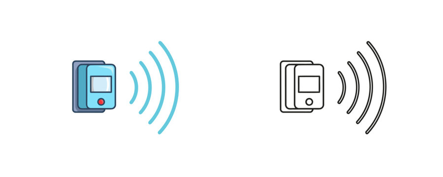 Motion sensor detection device with signal waves presented in two versions colored flat cartoon and black line art illustration isolated on a white background