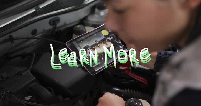 Woman leaning over car hood holding tablet testing fixing fusebox making Learn More overlay pulsing