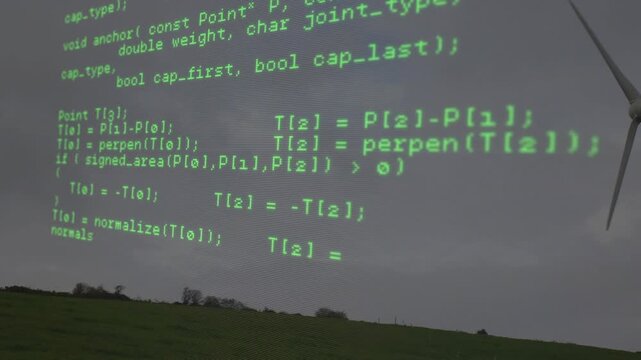 Appearing green code overlay scrolling down-left over gray pasture, visualizing code over turbine