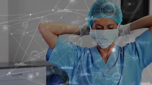 Female nurse entering OR prepping donning hairnet tying mask gloving network overlay mapping bowls