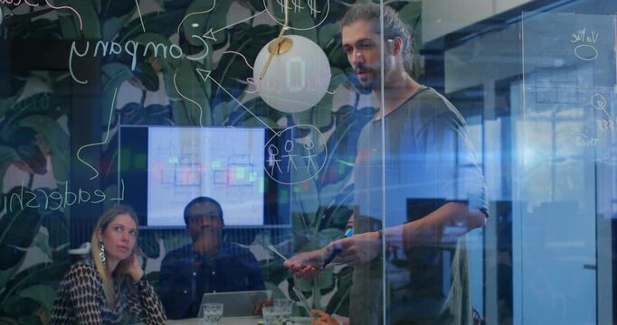 Presenter starting talk and writing on glass while pointing at screen guiding planning in office