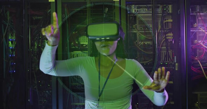 Headset activating, woman interacting with green HUD, pointing and swiping to test server checks