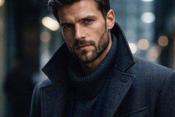 Obraz premium Confident man with a beard and wearing a stylish coat and turtleneck is looking directly into the camera on an urban background, portraying success and modern elegance