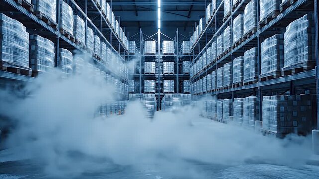 Modern Warehouse Interior with Tall Shelving Rows Stocked with Pallets of Goods Under Cool Blue Lighting